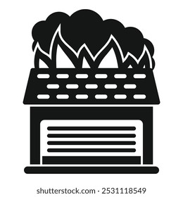 Burning garage building with fire on roof icon glyph vector illustration