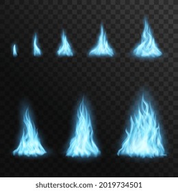 Burning gas blue fire flames, vector campfire blaze 3d effect for animation. Flaring stages from small to big. Realistic glow bonfire, shining flare design elements isolated on transparent background