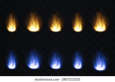 Burning gas flame elements glowing with yellow and blue colors on transparent background