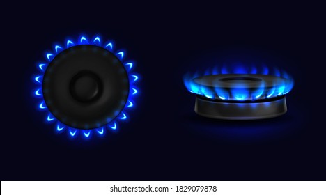 Burning gas stove with blue flame top and side view. Kitchen burner with lit hobs, propane butane flame in cooking oven, glowing cooktop isolated on black background, Realistic 3d vector illustration