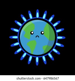 Burning gas stove hot vector modern & warm blue fire flames. gas cooker flat design style isolated with sad baby character globe & planet. save the world & earth. warming cartoon 