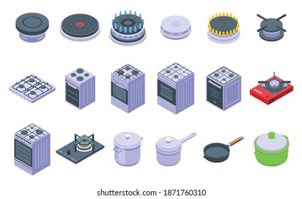 Burning gas stove icons set. Isometric set of burning gas stove vector icons for web design isolated on white background