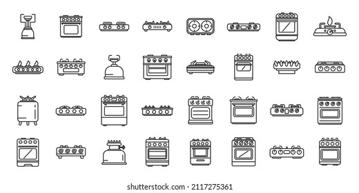 Burning gas stove icons set outline vector. Kitchen cooking. Cook food