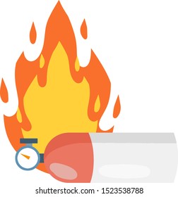 Burning gas tank. Cylinder on fire. Accident and red flames. Element of the kitchen. Safety rule. Dangerous situation. Technical equipment. Cartoon flat illustration