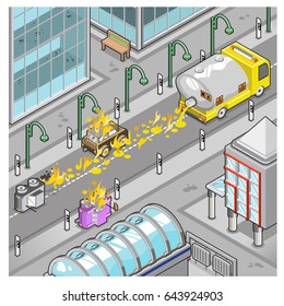 Burning Gas Truck Accident On City Street (isometric Top View Illustration)