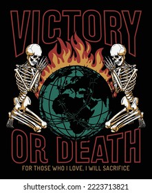 Burning Globe Between Praying Skeletons Illustration and Slogan Vector Artwork Black Background