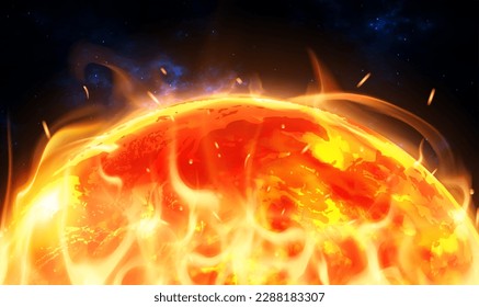 Burning globe earth. Global warming and climate change concept. Planet overheating. End of the World. Earth cataclysm. Sun surface with solar flares. Scientific background. Vector illustration EPS10.