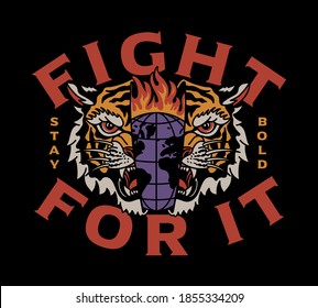 Burning Globe Inside Tiger Head Illustration with Fight For it Slogan Vector Artwork on Black Background for Apparel and Other Uses