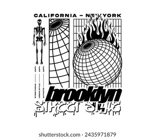 Diseño de camiseta de ilustración retro de Burning Globe con eslogan de estilo callejero de Brooklyn, ilustraciones sobre fondo blanco para ropa callejera u otros usos