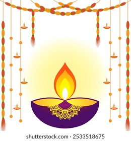 Burning Glowing Diya Oil Lamp with Hanging Diwali Flowers Graphics, Festive Design Perfect for Celebrating the Festival of Lights and Enhancing Your Decorations