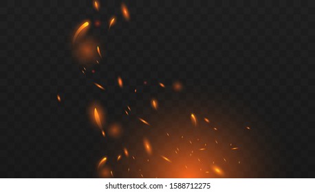 Burning glowing particles. Realistic isolated fire effect with smoke for decoration and covering on the transparent background. Red and yellow light effect. Concept of sparkles, flame and light.