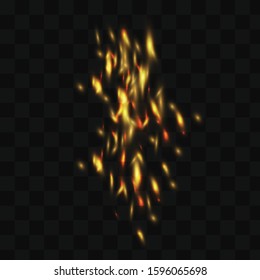 Burning glowing particles. Realistic isolated fire effect with smoke for decoration and covering on the transparent background. Red and yellow light effect. Concept of sparkles, flame and light.