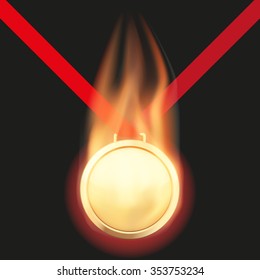 Burning Gold medal with a tail of flame. Sport theme. Vector illustration Isolated on background. 