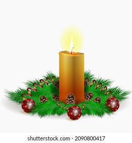 Burning golden candle and pine branches with cones, Christmas balls, serpentine for banners, posters, greeting cards, social media. Christmas, New Year, winter. Vector illustration.