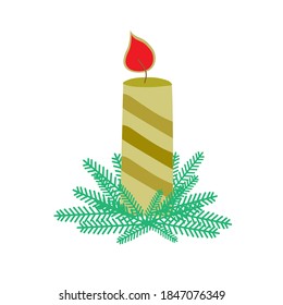 A burning golden candle stands in the branches of a Christmas tree. Christmas holiday. Vector illustration.