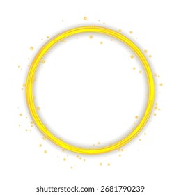 Queimando círculo dourado com rastro de luz brilhante e cintilações de poeira isolados em fundo transparente. Quadro redondo luminoso vetor para destaque, logotipo, folheto de festa, decoração ou design de luxo.