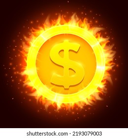 Burning golden dollar coin. Coin in fire. Vector illustration