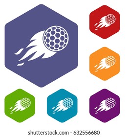 Burning golf ball icons set hexagon isolated vector illustration