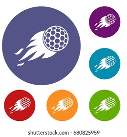 Burning golf ball icons set in flat circle red, blue and green color for web