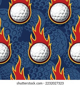 Burning golf balls repeating tile background. Golf ball and fire flame seamless pattern vector image wrapping paper design.