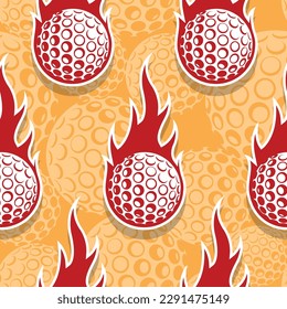 Quemando bolas de golf repitiendo fondo de azulejos. Balón de golf y llama de fuego diseño de papel de envoltura vectorial de imágenes sin fisuras.