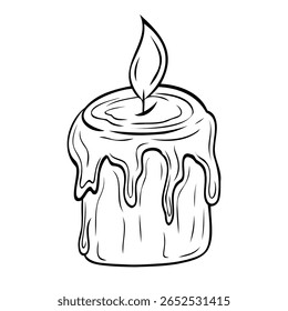 Burning graphic candle with wax drips, vintage, retro, antique. Vector graphic illustration. Candle outline isolated on white.For the design of postcards, posters, stickers, prints 