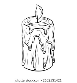 Burning graphic candle with wax drips, vintage, retro, antique. Vector graphic illustration. Candle outline isolated on white. For the design of postcards, posters, stickers, prints 
