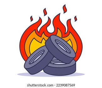burning gray tires on a white background. car tire fire. flat vector illustration.