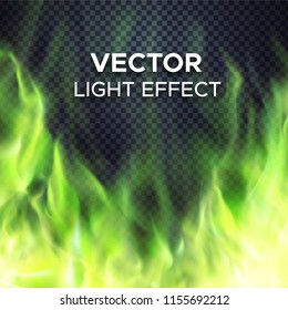 Burning Green Fire Flames On Transparent Background. Vector Special Light Effect