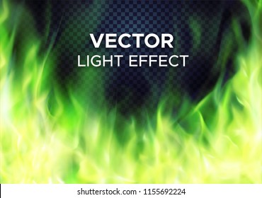 Burning Green Fire Flames On Transparent Background. Vector Special Light Effect