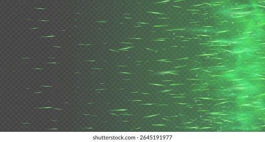 Queimando fogo verde com faíscas dinâmicas brilhantes e chama esmeralda. Fumaça mágica, neblina e névoa tóxica criam atmosfera de fantasia abstrata. Luz de néon brilhante com partículas voadoras e energia de bruxaria.