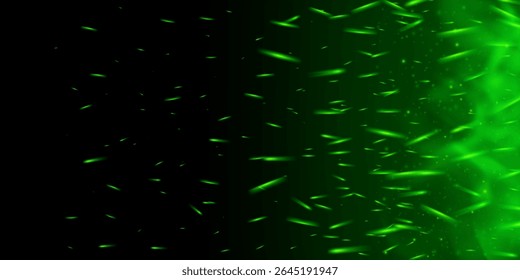 Burning green fire with glowing sparks and emerald flame. Magic smoke, fog and toxic mist create abstract fantasy atmosphere. Shiny neon light with flying particles and witchcraft energy.
