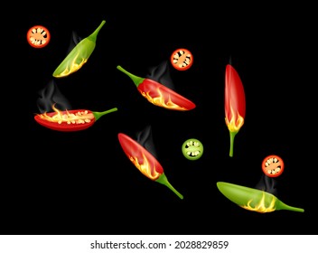 Burning green and red bird's eye chili pepper pods with fire and slices isolated on black background. Realistic vector illustration.