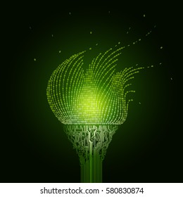 A burning green torch, consists of  printed circuit boards, the flame from the binary code. The artifact of cyberspace