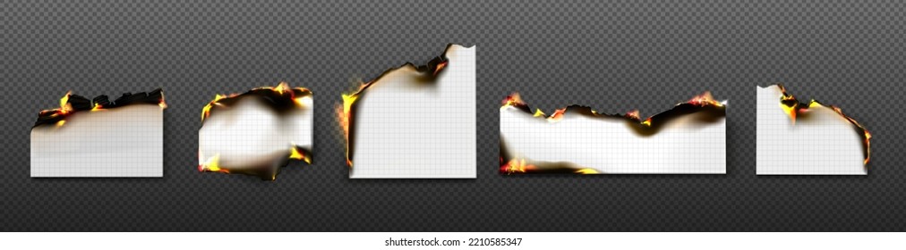 Quemando hojas de papel de la cuadrícula con fuego y ceniza negra. Amortización de páginas de portátiles con patrón a cuadros y llama aisladas en fondo transparente, conjunto de vector realista