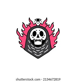 Burning grim reaper skull, illustration for t-shirt, street wear, sticker, or apparel merchandise. With retro, and cartoon style.