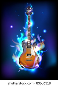 Burning guitar in blue flames, vector image eps10