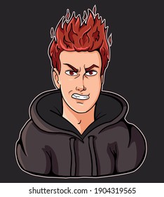 burning hairs angry boy in hoodie vector illustration