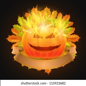 burning halloween pumpkin lantern with maple leaves and ribbon
