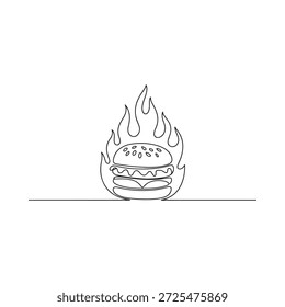 Um hambúrguer em chamas representado em um único estilo de desenho de linha contínua