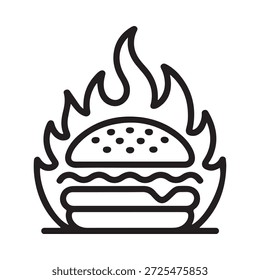 Ein brennendes Hamburgersymbol in einer einfachen schwarz-weißen Strichzeichnung