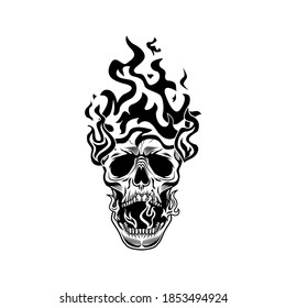 Burning head of skeleton vector illustration. Human skull in flame. Fire alarm concept for warning symbols or danger signs templates