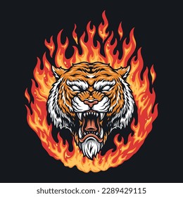 Cartel colorido del tigre de cabeza quemada con animales agresivos predadores que desean atacar al enemigo para diseñar ilustración vectorial de club de ciclismo