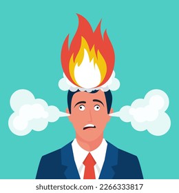 Burning head. Tired businessman with fire on his head. Fire in your hair. Tired businessman, brain explosion. Vector illustration flat design. Isolated on white background.