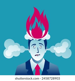 Burning head. Tired businessman with fire on his head. Fire in your hair. Tired businessman, brain explosion. Vector illustration flat design. Isolated on white background.