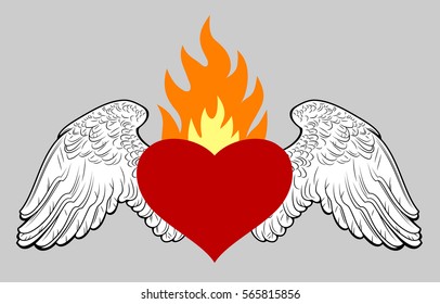 Burning heart with angel wings