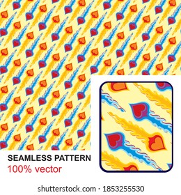 Burning Heart. Blazing heart. Seamless pattern with flaming hearts in the style of car stickers for design of gift packs, patterns fabric, wallpaper, web sites, etc.