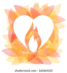 Burning heart with cut out fire vector concept icon. Colorful background. 