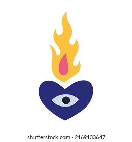 Burning heart with eye and flame, cartoon style. Trendy modern vector illustration isolated on white background, hand drawn, flat design.