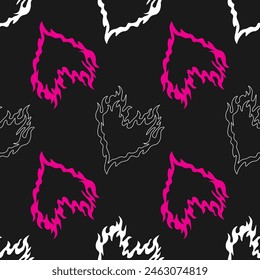 Burning heart, modern fashionable seamless pattern. Trend Y2K background in the style of the 00s 90s.  Perfect for textile, fabric, wallpaper, wrapping. Vector illustration